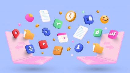 Illustration of apps and software floating between two laptops
