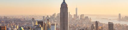 aerial shot of New York city at sunset