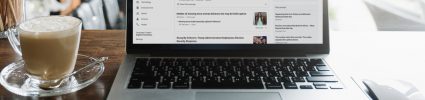 Laptop computer screen with news feed