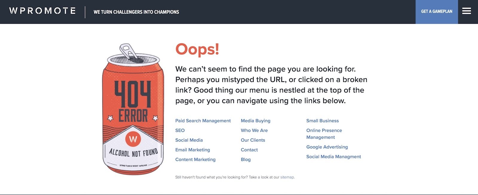 Wpromote 404 error page example