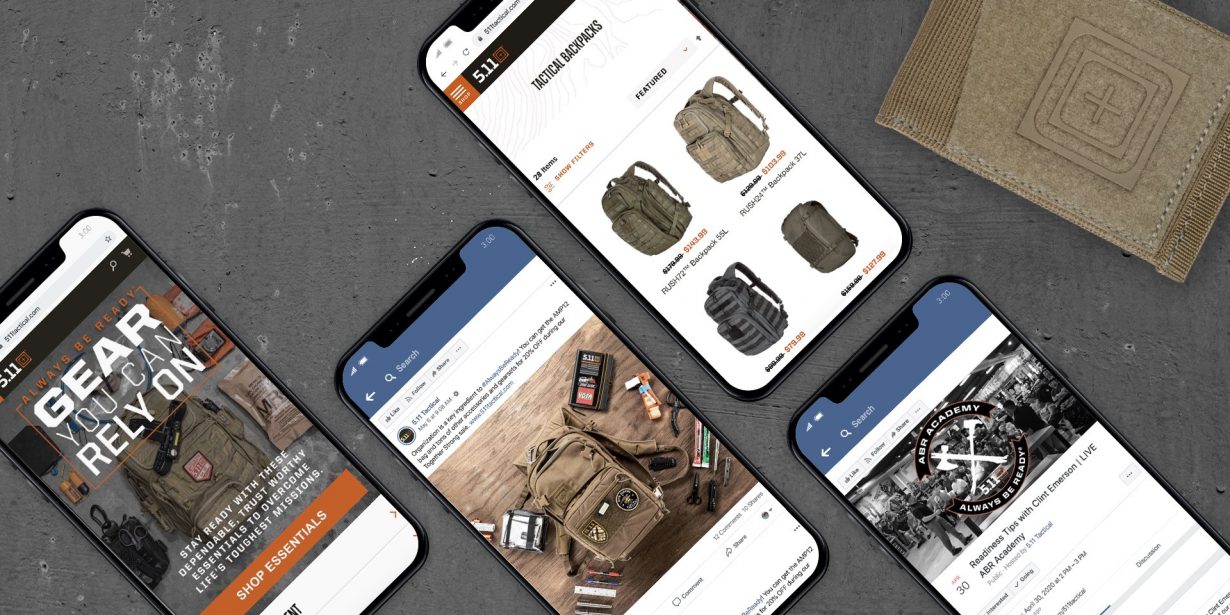 Four smartphones display tactical gear shopping websites and social media posts, arranged on a grey surface next to a beige patch with a cross symbol.