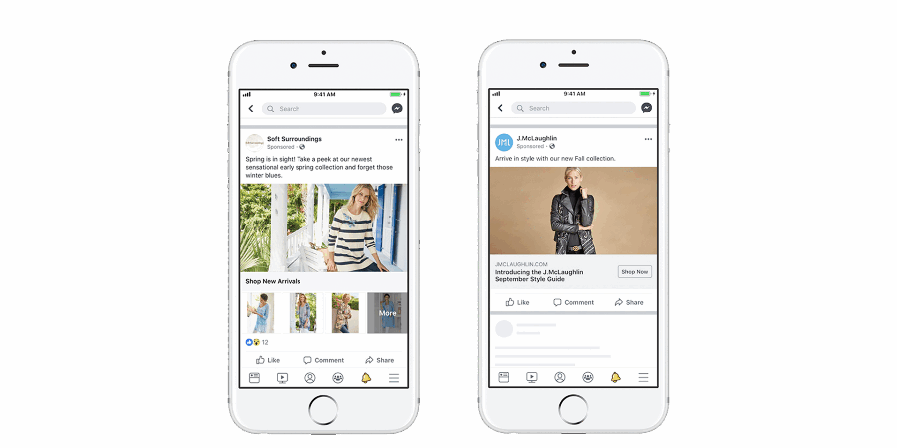 Two smartphones display social media feeds with fashion advertisements featuring women modeling clothing and promotional text for new arrivals and style guides.