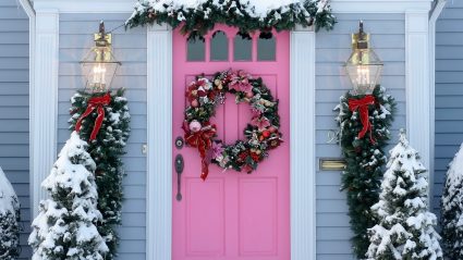 Front door decorated for the holidays
