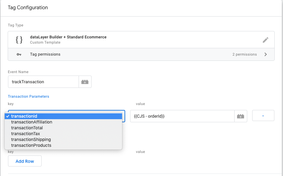 Tag configuration for Transaction Parameters