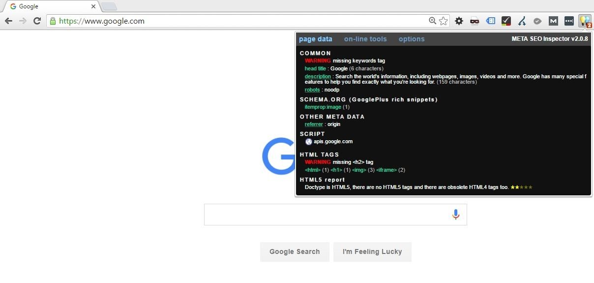 Meta SEO Inspector browser extension tool