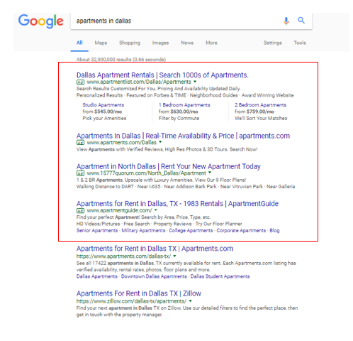 Google search results with ads