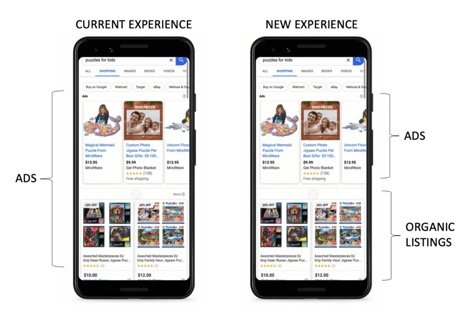 two phones displaying the google ad shopping feature