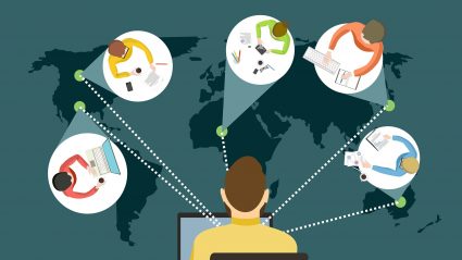 Map of the world with people on computers in various countries to represent similar content in multiple languages