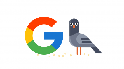 google G logo next to illustration of pigeon