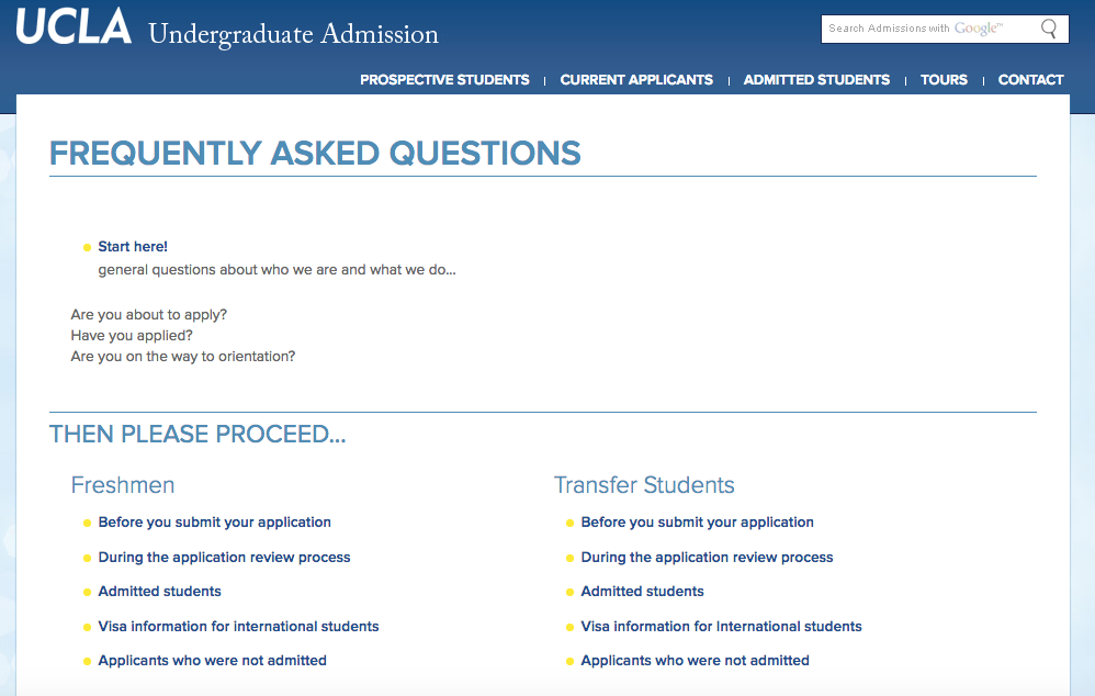 Example of UCLA FAQs page with links to other pages