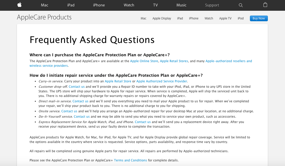 Example of AppleCare FAQs page with keywords and hyperlinks