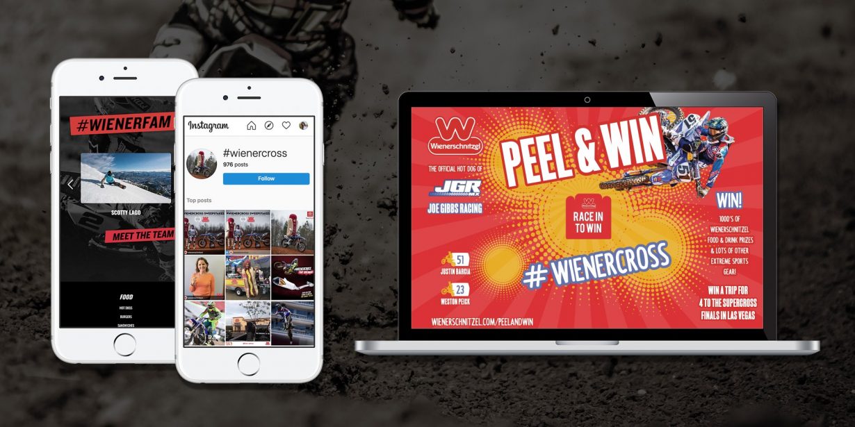 Two smartphones display Instagram posts with the hashtag #WIENERCROSS, next to a laptop showing a "Peel & Win" Wienercross promotional graphic.
