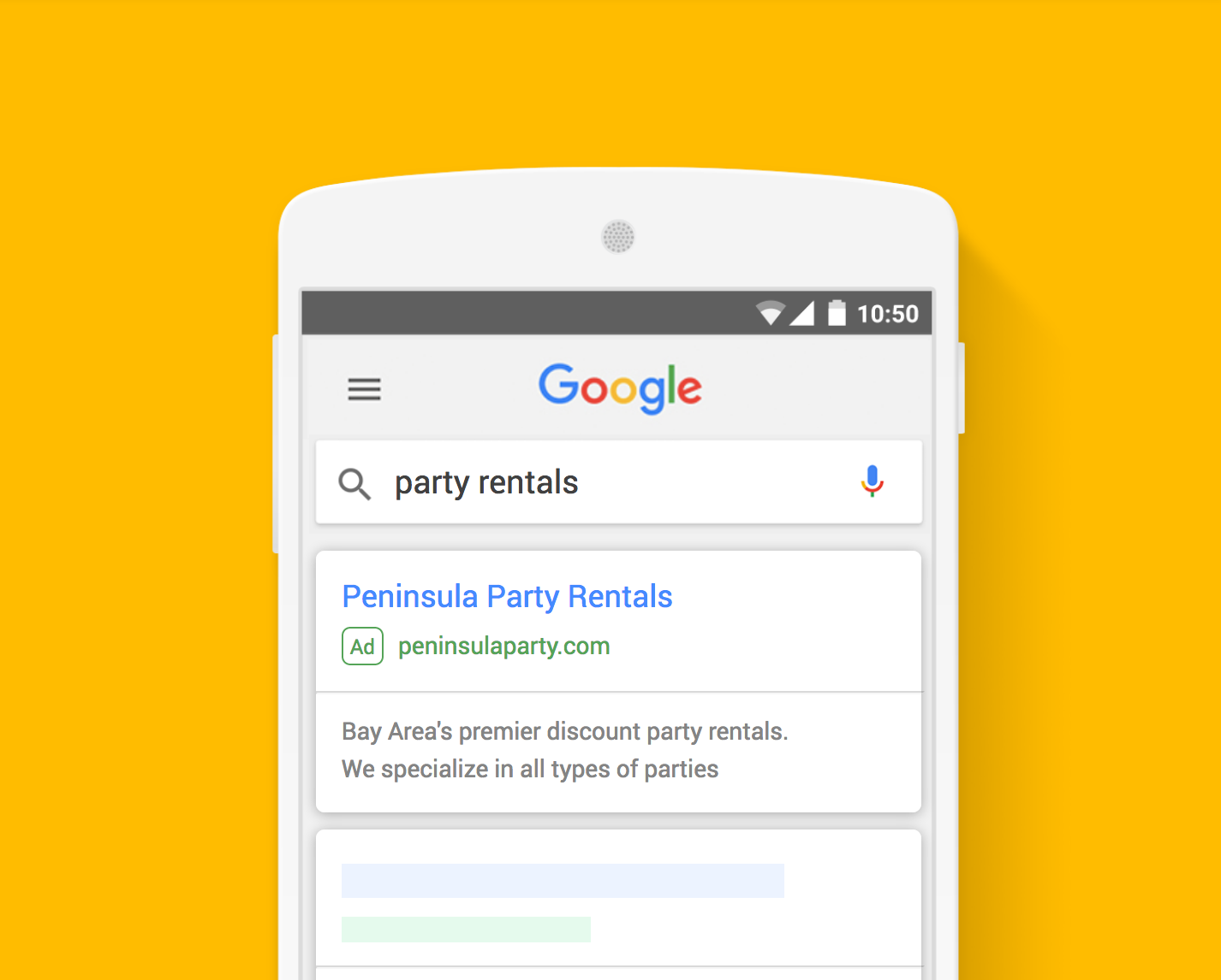 illustration of smart phone with google search for party rentals 