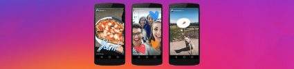 3 phones with instagram stories on screen colorful gradient background