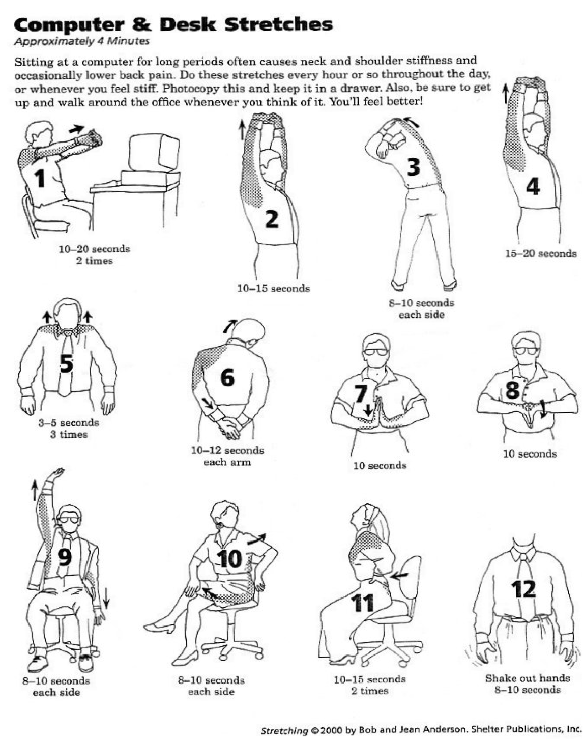 Graphic showing computer & desk stretches.