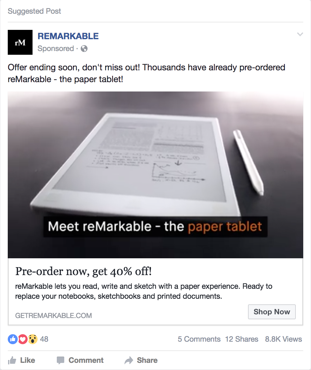 facebook ad for reMarkable paper tablet