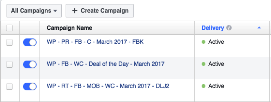 facebook dashboard of active campaigns