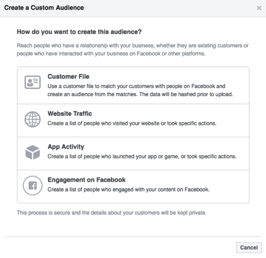 facebook ad dashboard custom audience options