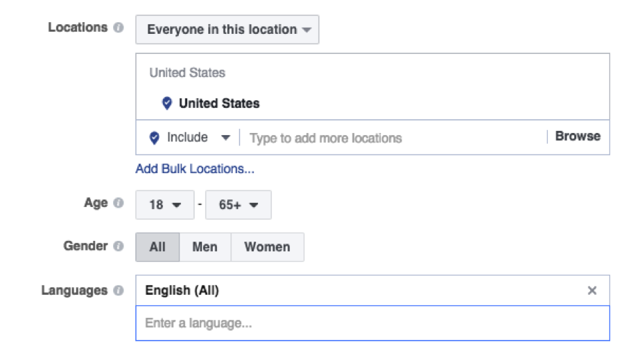 Facebook dashboard ad targeting options