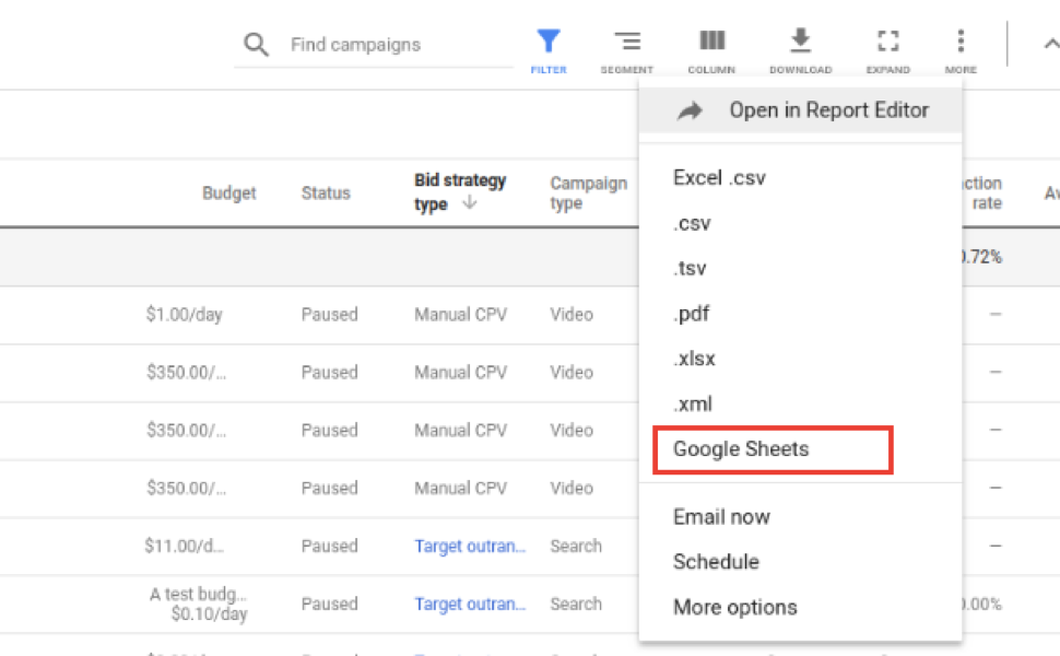 Google Sheets export tool
