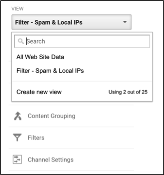 "Create new view" dropdown menu