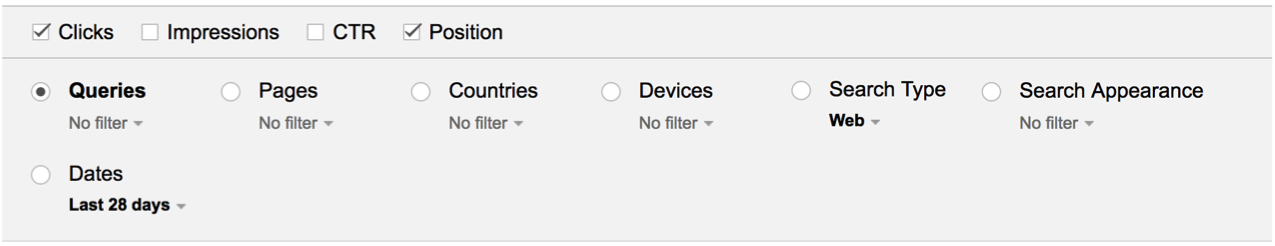 queries, clicks, and position boxes for keyword data