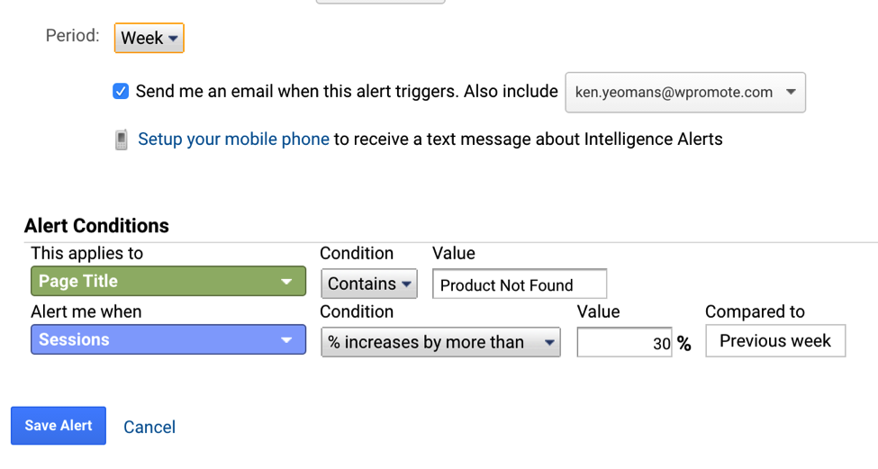Creating a new alert for 404 error pages in Google Analytics.