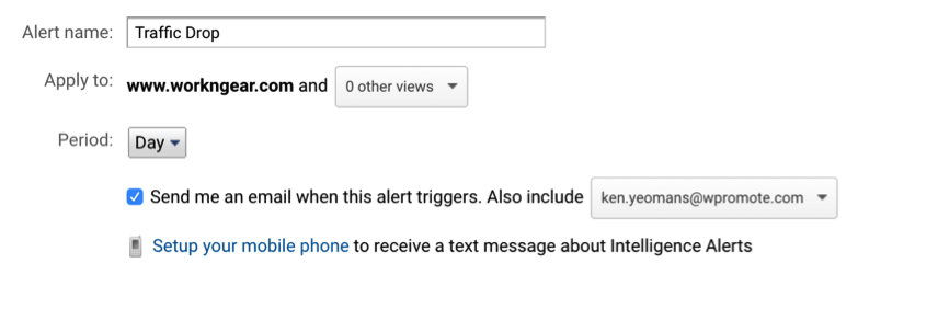 Adding a new custom alert in Google Analytics.