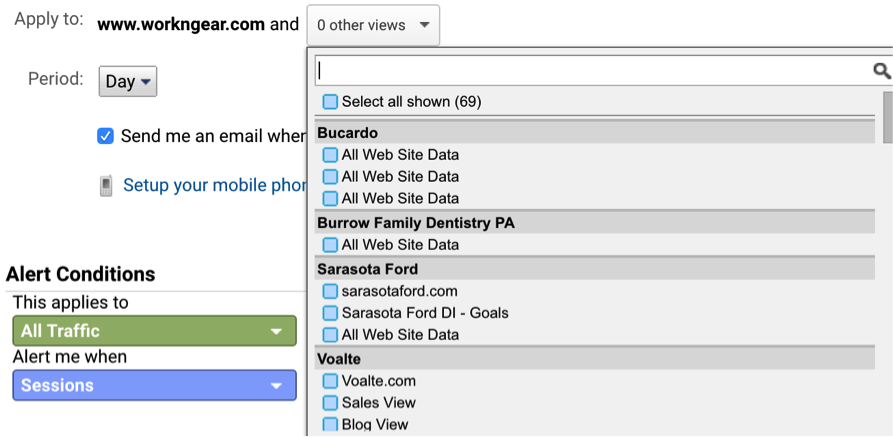 Selecting the correct account for a custom alert in Google Analytics.