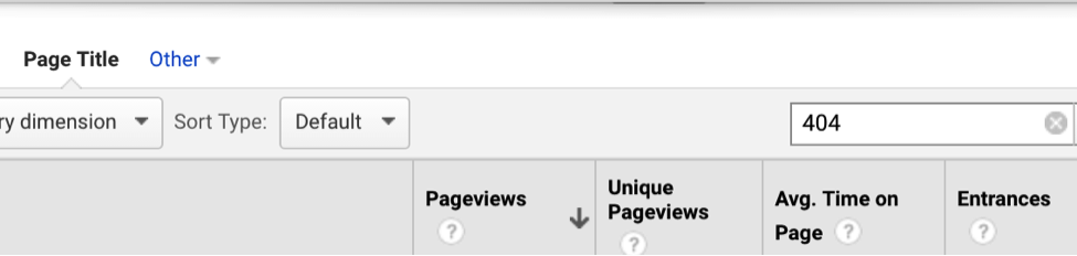 Searching for the 404 page in Google Analytics.