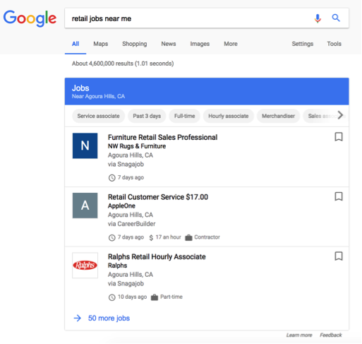 Google For Jobs example search screenshot