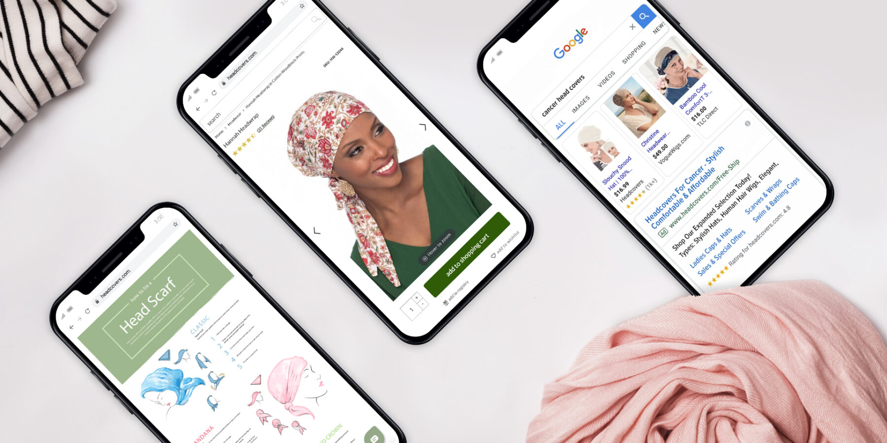 Three smartphones display online shopping pages for head scarves, including product details, tutorials, and search results, next to folded scarves on a white surface.