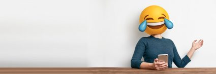 woman with emoji laughing face