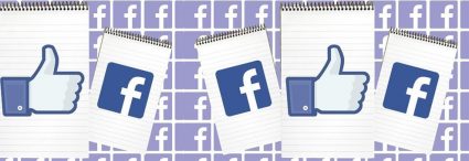 purple facebook icon pattern background with notebook with blue facebook icon