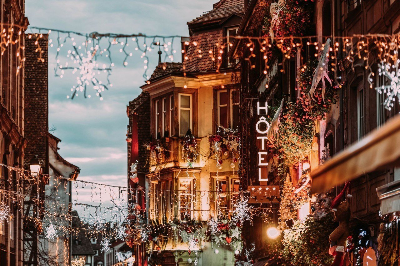 Hotel decorated with lights for the holidays