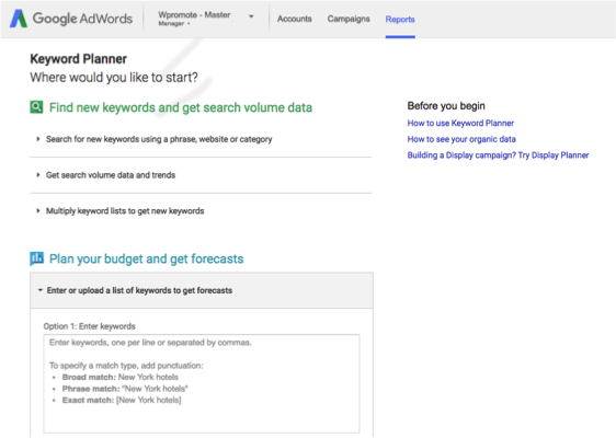 Google AdWords Keyword Planner tool.