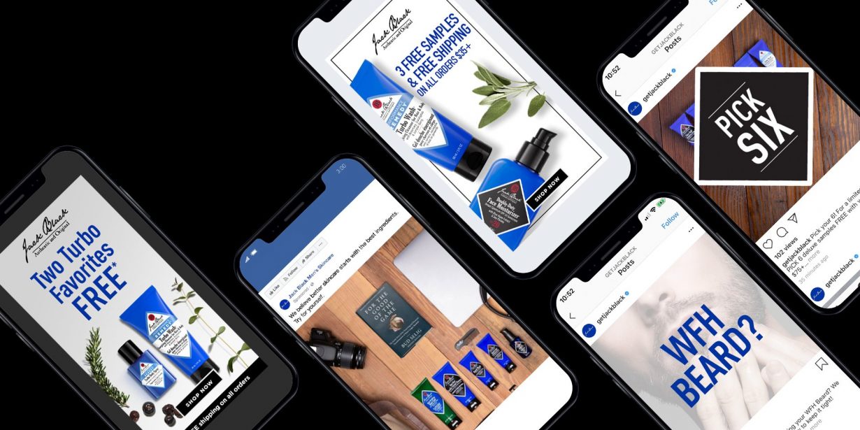 Five smartphones display various promotional images for men's grooming products, including offers for free samples, product bundles, and beard care, against a black background.