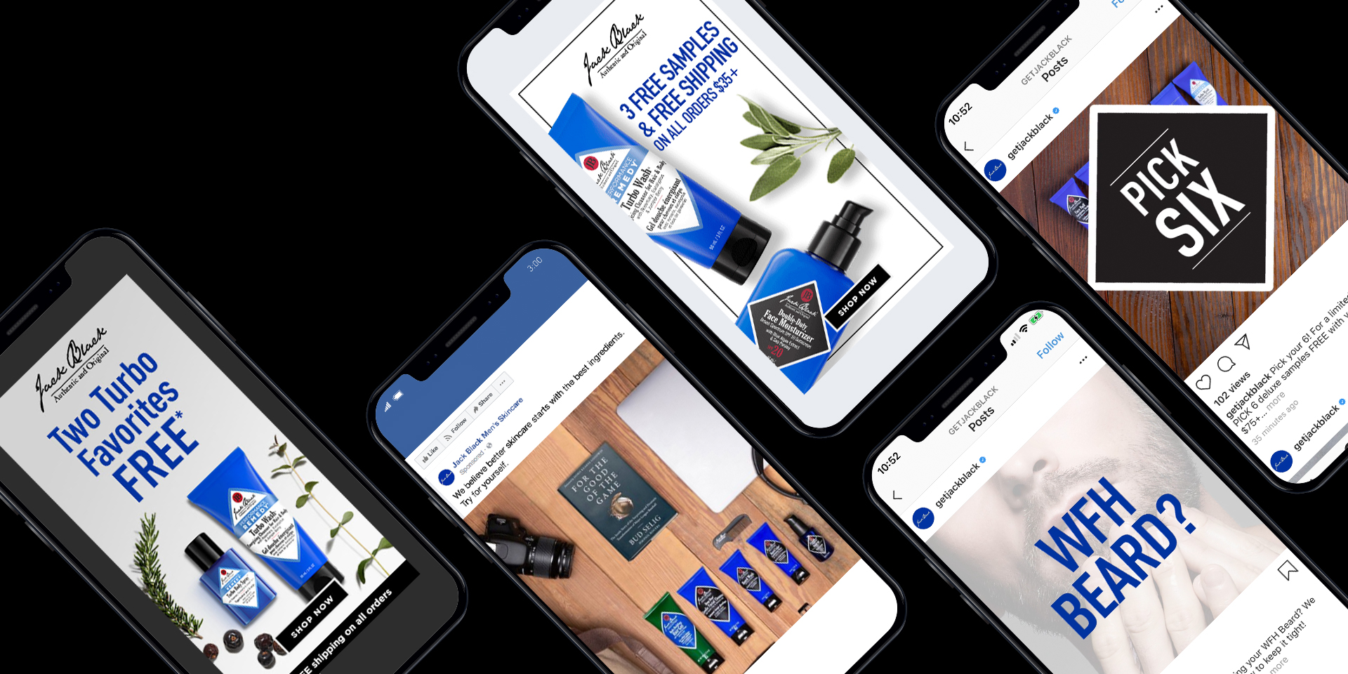 flat lay of phones with jack black skincare ads on them