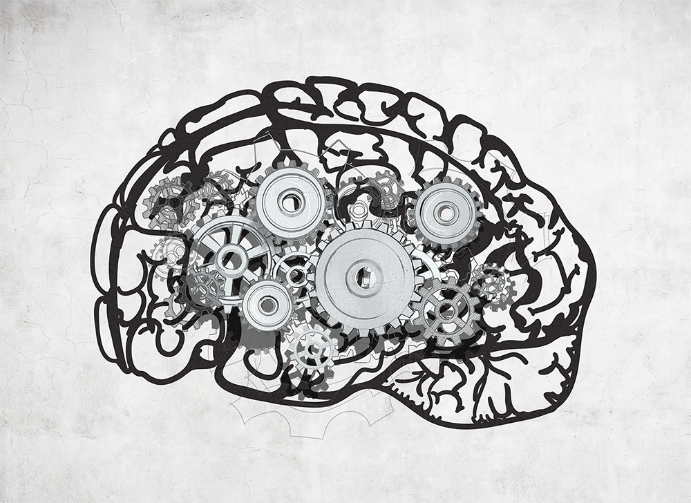 b&w illustration of brain with gears inside