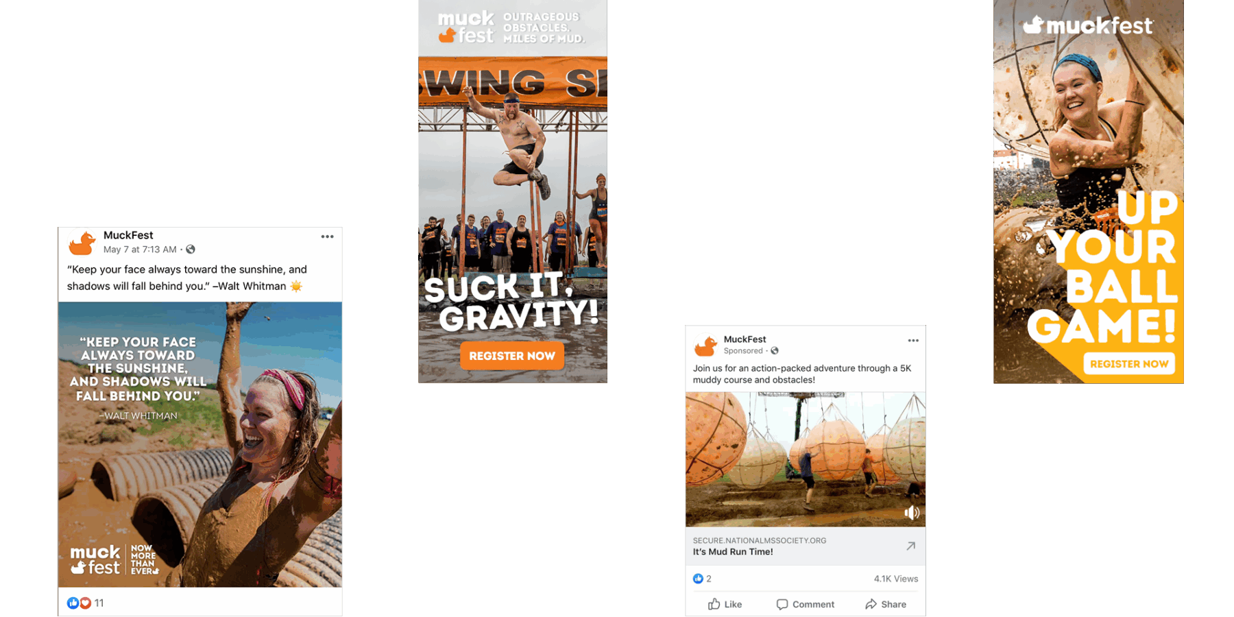 A series of MuckFest ads and social media posts featuring people smiling and running through muddy obstacle courses with event branding and registration prompts.