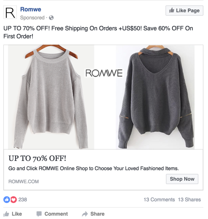 Romwe product sponsored ad