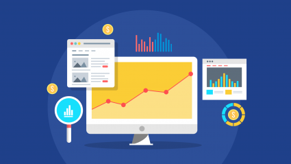 Illustration of computer and data analytics charts