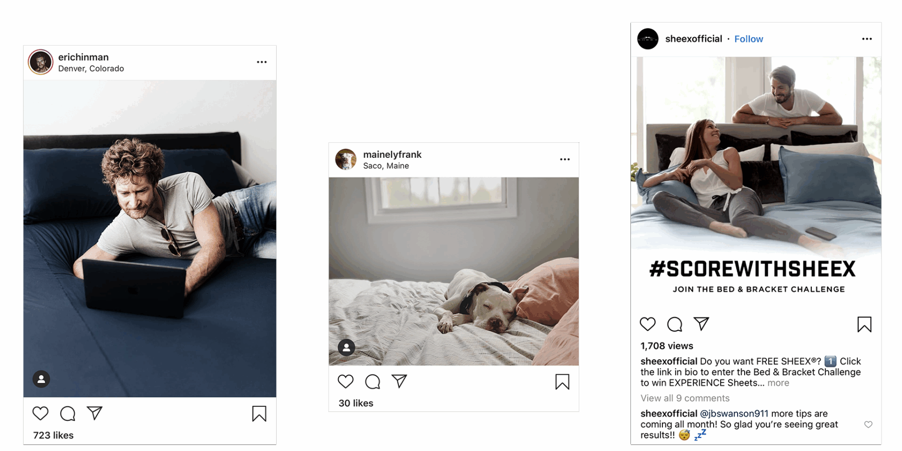 Three Instagram posts: a man working on a laptop in bed, a dog lying on a bed, and a couple laughing while sitting on a bed with "#SCOREWITHSHEEX" text.