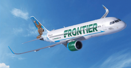 Frontier Airlines plane flying through the sky