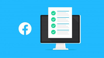 Facebook logo next to illustration of computer and checklist