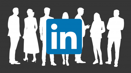 LinkedIn logo with silhouettes of people standing and talking in the background