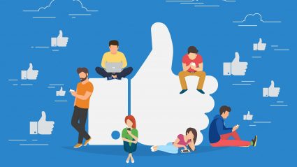 illustration of people on facebook with thumbs up icons blue background