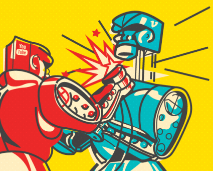 illustration of vintage robots fighting