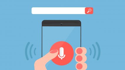 Illustration of phone with microphone icon and search field