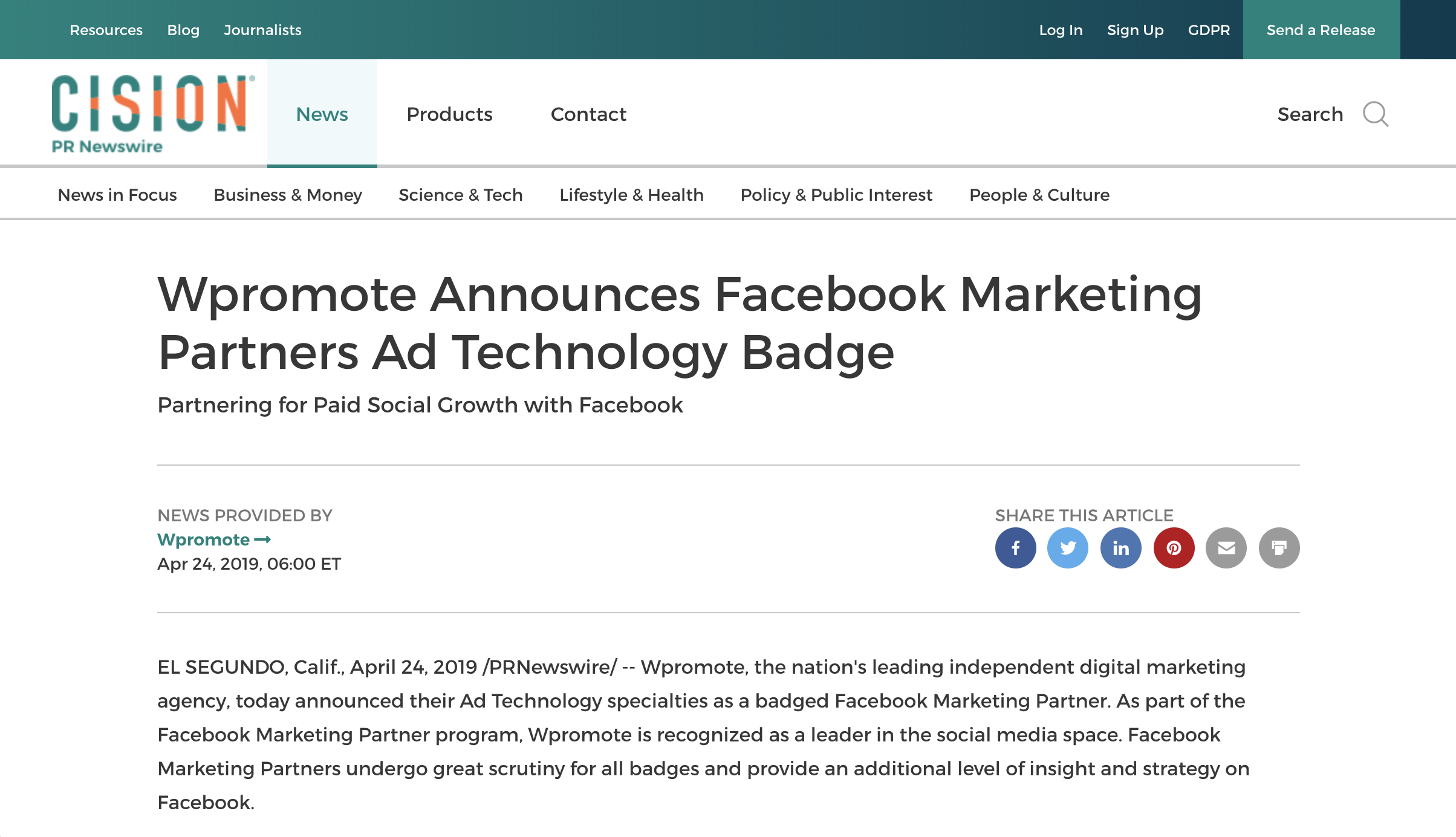 Wpromote's press release regarding the announcement of becoming a Facebook Marketing Partner.